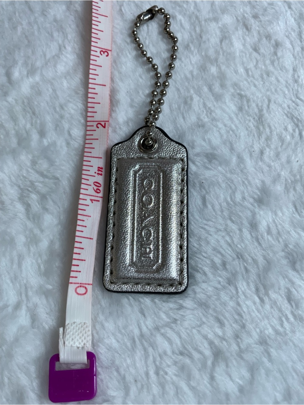 Coach Metallic Silver Leather Tag Keychain with Ball Chain (86)